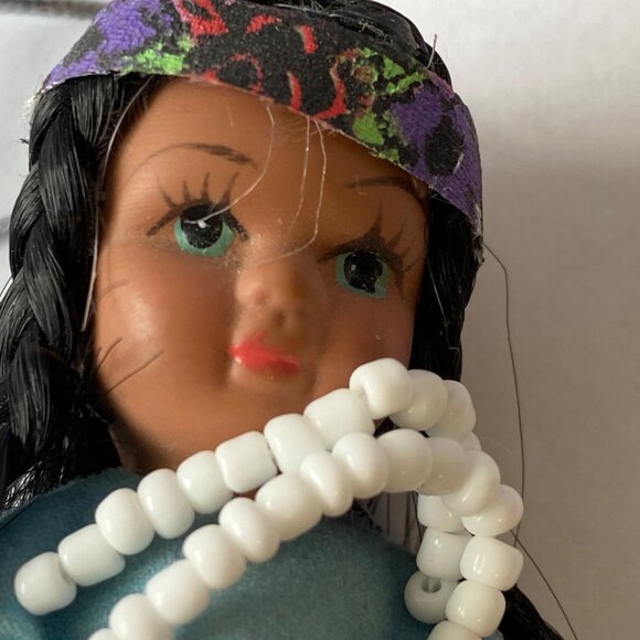 Handcrafted Native American-Inspired Doll Ornament With Beaded Necklace & Blue F - Picture 7 of 8